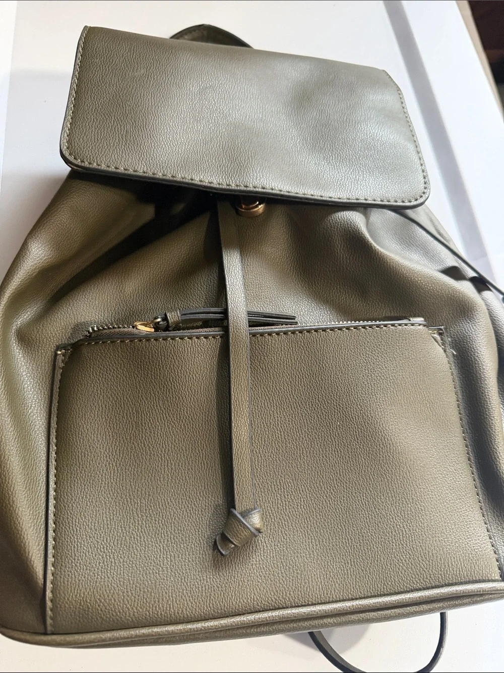 Mathew + Julian Olive Green Faux Leather Backpack Drawstring Flap Pocket Women’s